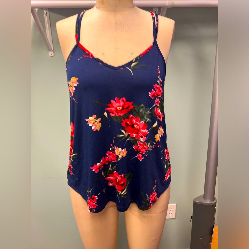 Comfortable Blue with Flowers Criss-Cross Back Tank Top